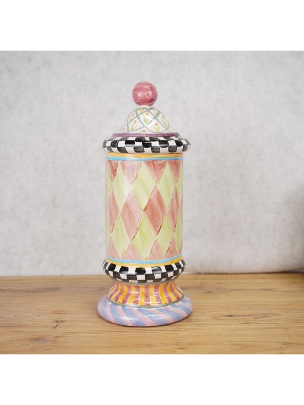 Vintage MacKenzie-Childs Large Column Canister & Lid Odd Fellows Collection 17"